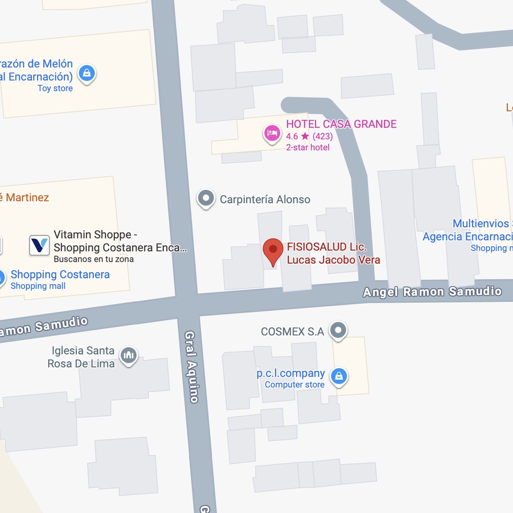 Mapa de la ubicación de FisioSalud: consultorio sobre Ángel Samudio, a metros del Shopping Costanera, Encarnación