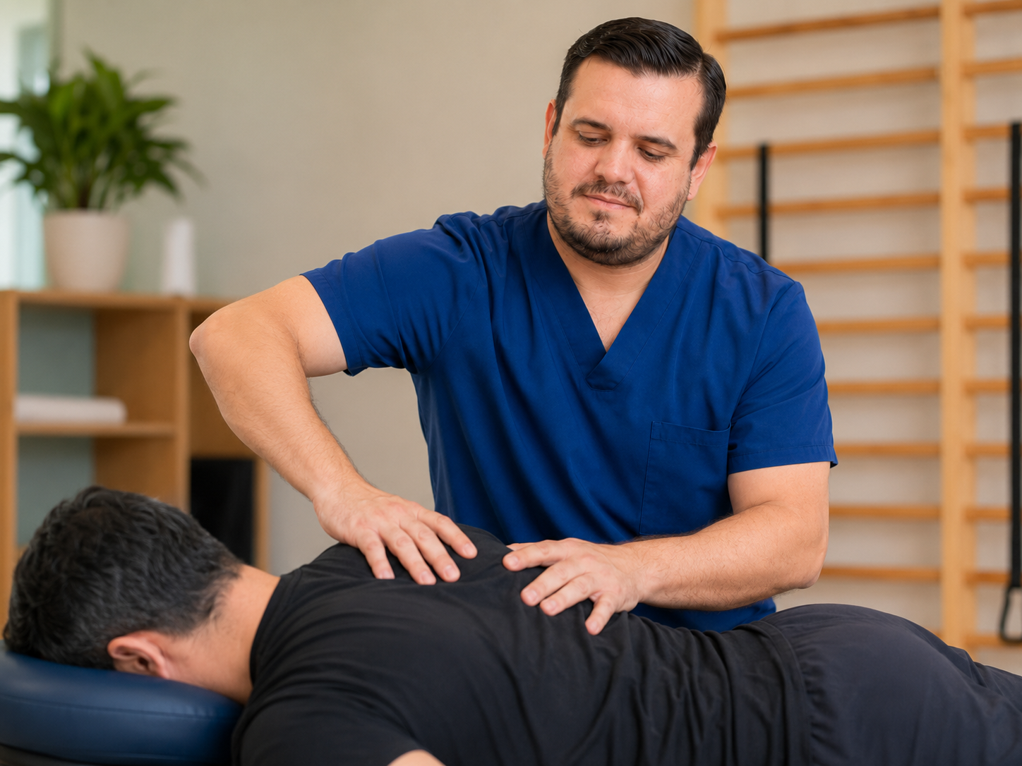 Jaco Vera realizando un masaje terapéutico en la espalda de un paciente