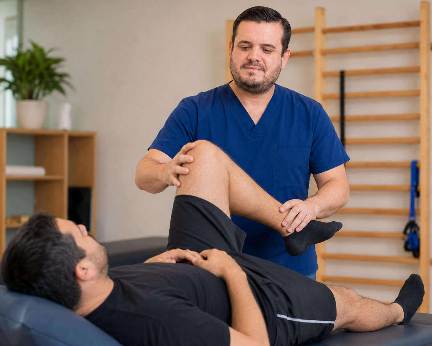 Jaco Vera realizando una evaluación de movilidad de rodilla a un paciente